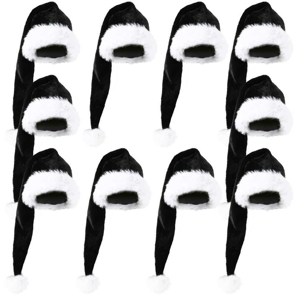 4142 10 Pcs Black Santa Hat Bulk Adult Christmas 30 Inch Soft Fluffy Velvet